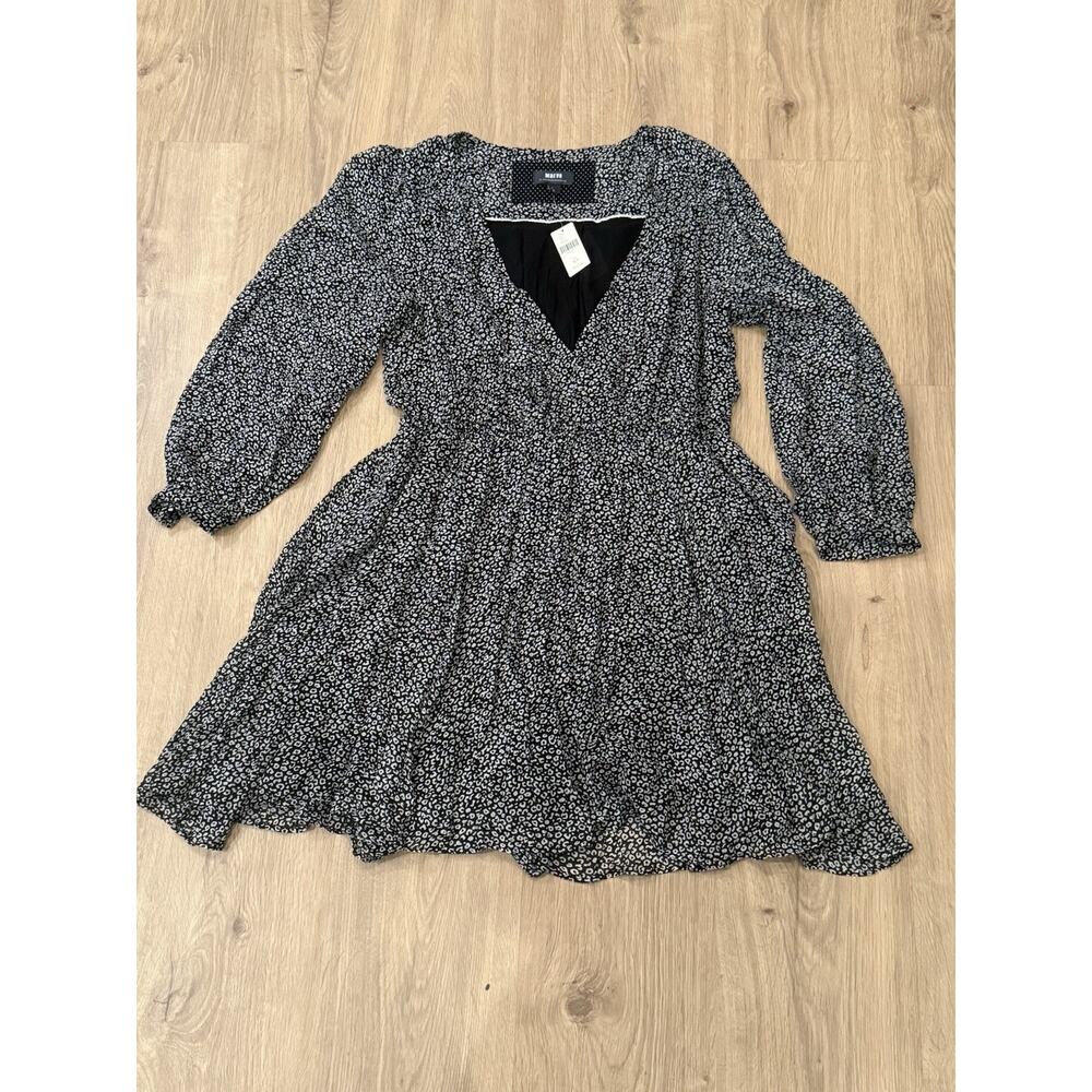 Anthropologie Maeve Carolyn Black White Print V Neck Long Sleeve Dress Sz M P